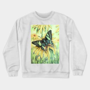 Urania Ripheus Butterfly on Rudbeckia Flower Crewneck Sweatshirt